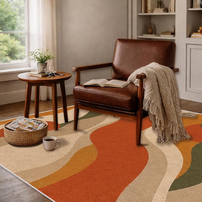 Burnt Orange Abstract Area Rug 4x6, Mid Century Modern Wave Rug, Retro Wavy Geometric Washable Low Pile Non Slip Rug for Living Room Bedroom