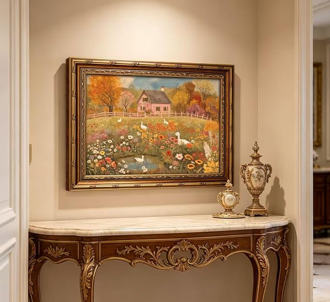 Vintage Gold Framed Autumn Country Cottage with Ducks Wall Art, Rustic Farmhouse Flower Garden Canvas Prints, Retro Fall Farm Scene Painting Poster Artwork for Living Room Kitchen Wall Decor,9x11in