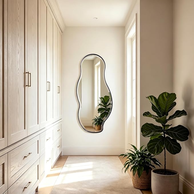 POZINO Large Irregular Beveled Mirror, 53"x24" Asymmetrical Vanity Wall Mirror with Metal Frame, Organic Shape Mirrors for Entryway Living Room Bedroom Bathroom, Horizontal/Vertical Hanging