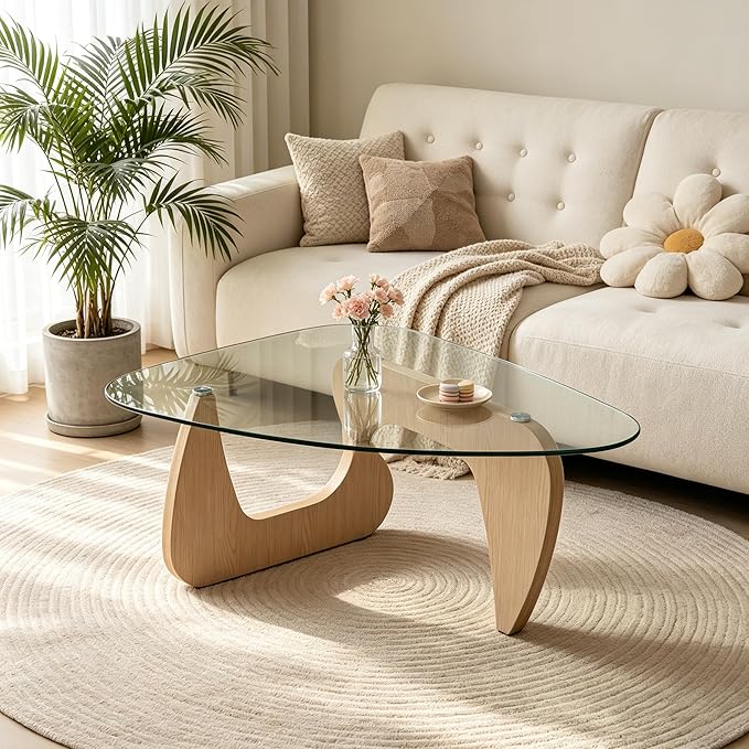 35.8'' Modern Glass Coffee Table with Geometry Base, Triangle Shape Coffee Table for Living Room Office, Natural Oak Finish Wood Base, Mid-Century Style Cocktail Center Table for Small Space