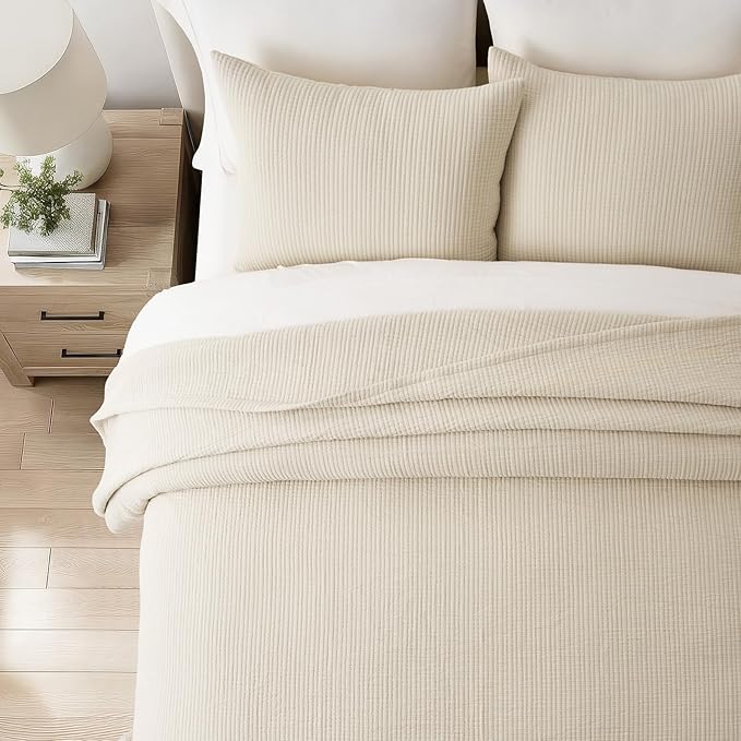 EVERGRACEHOME Cotton Gauze Full Queen Bedspread, Ultra Soft Prewashed Pick Stitch Matelassé Coverlet, Lightweight Textured Oversized Queen Quilt Bedding Set for All Season, w/ 2 Shams, Soft Oat