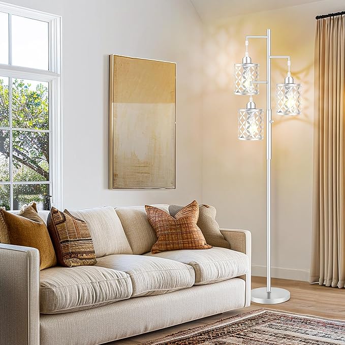 Dimmable Floor Lamp, Farmhouse Standing Lamp with Elegant Metal Cage, Industrial Tall Tree Floor Lamps for Living Room, Bedroom, Study Room, Office, 3 x 800LM LED Bulbs Included, 72",Silver