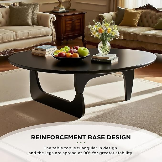 Solid Wood Triangle Coffee Table,Unique Mid Century Modern Oval Coffee Table,Irregular Geometric Tea Tables for Home Living Room with Wooden Tabletop and Reinforced Legs Black 35" L x 24" W x 16" H