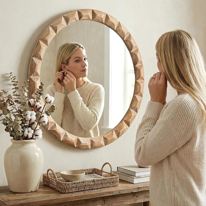 Solid Wood Wall Mirror, 24 Inch Round Hand-Carved Pine Wood Frame Circle for Wall Decor, Rustic Farmhouse Mirror for Bathroom, Living Room, Entryway, Natural Wood