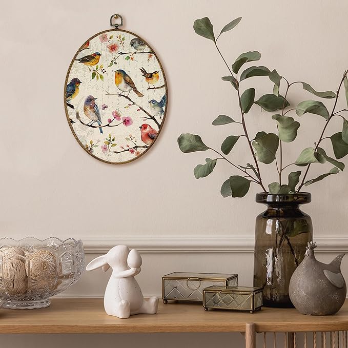 AEHIE Vintage Bird Oval Wall Art Decor, Rustic Floral Birds Canvas Artwork Framed, Cottagecore Country Bird Flower Oval Wall Art for Home Bedroom Living Room Decor, 11x8.5 Inches