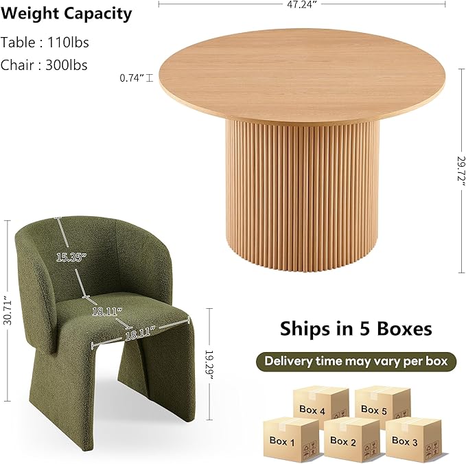 NORDICANA 5-Piece Round Dining Table Set for 4, Rustic 47-Inch Kitchen Table and Chair Set, Dining Set with Dark Green Upholstered Armchairs, Manufactured Wood Top with Oak Veneer