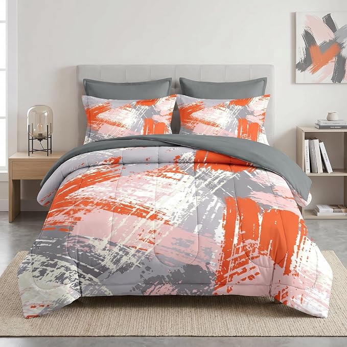 Pamnest Comforter Set Full Size, Urban Graffiti Orange Grey 7 Pcs Bedding for Kids and Adults, Abstract Paint Line Bed Sheet Sets with Fitted Sheet 2 Pillowcase & 2 Sham for Bedroom Bed Decor