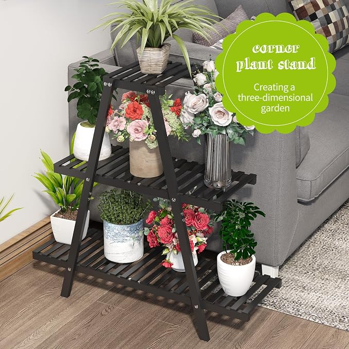 BMOSU Plant Stand Bamboo for Indoor Outdoor Tiered Plant Shelf 8 Potted Flower Holder Ladder Rack Garden Balcony Living Room Patio(3 Tier Black)