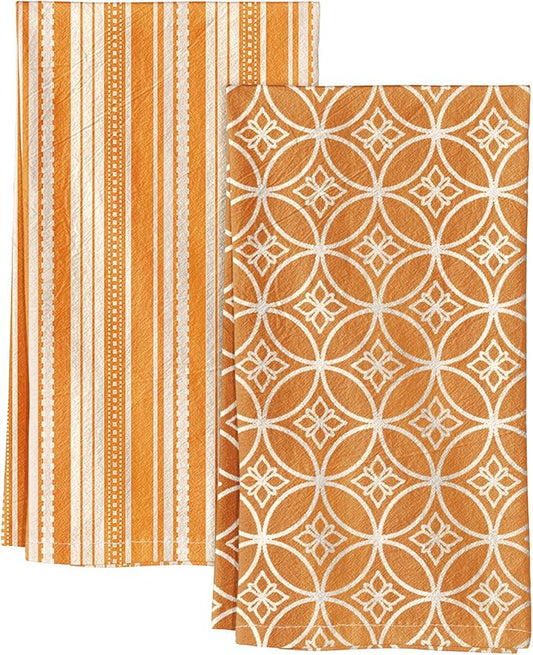 Miss Adola 2 Pack Flour Sack Kitchen Towels - 16x26 Inch Cotton Dish Towels with Hanging Loop Reusable Geometric Boho Modern Retro Tea Towel Absorbent Dishcloths Home Decor, Orange Stripe
