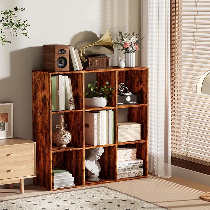 9 Cube Storage Organizer, Free Standing Display Shelf with Open Cubes, Floor Standing Book Shelf Bookcase with Storage for Home Office, Living Room, Bed Room (Vintage Brown, 9-Cube)