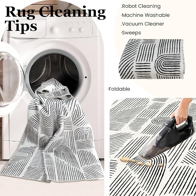 MUJOO 3x5 Washable Rug,Mid Century Modern Abstract Non Slip Low Pile Area Rug,White and Black Rug for Living Room Bedroom Entryway