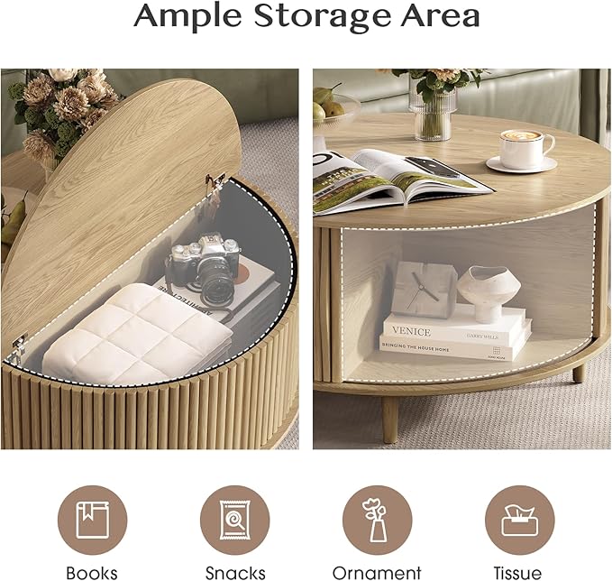 Round Coffee Table with Storage, 31.5" Oak Wood Drum Table, Fluted Circle Center Table for Living Room, Modern Mid Century Furniture with Sliding Door