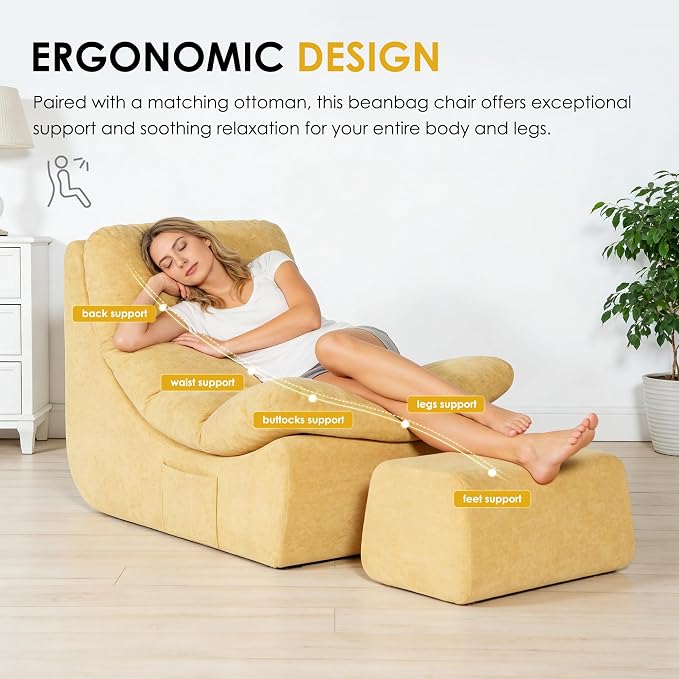 SDHYL Chaise Longue Chair with Ottoman - No Assembly Lazy Sofa Floor Couch for Relaxing, TV & Gaming, Comfy Reading Chair with 2-Layer Foam, Removable Soft Cover & Side Pockets