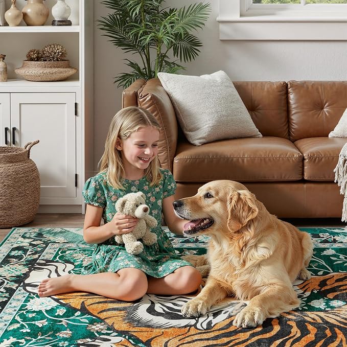 DCX Washable 6x9 Tiger Area Rug, Green Vintage Animal Rug for Living Room, Soft Low Pile Carpet, Kid & Pet Friendly with Rubber Back Non Slip, Stain Resistant Rug for Bedroom Dining Room Office