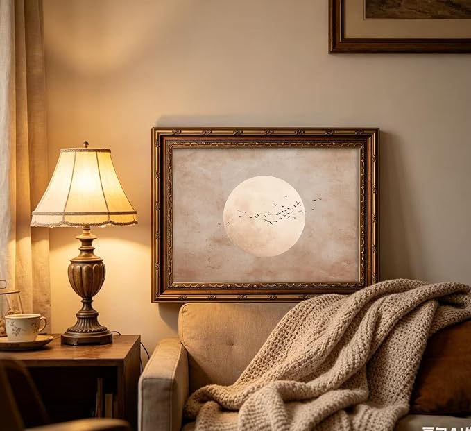 Vintage Gold Framed Minimalist Moon and Birds in Flight Wall Art, Neutral Beige Sky Painting Canvas Prints, Boho Nature Poster Artwork for Modern Living Room Bedroom Office Wall Decor，16x24in