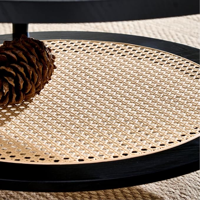 Saint Mossi Wood and Rattan Coffee Table for Living Room, Mid Century Modern Round Coffee Table, 2-Tier Boho Center Table for Small Space, Black Wood and Rattan Top, W31xH15