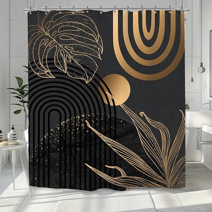 Yookeb Abstract Black Gold Minimalist Bathroom Shower Curtain 60W by 71H Inch Aesthetic Modern Contemporary Leaves Mid Century Neutral 12 Plastic Hooks Waterproof Decor