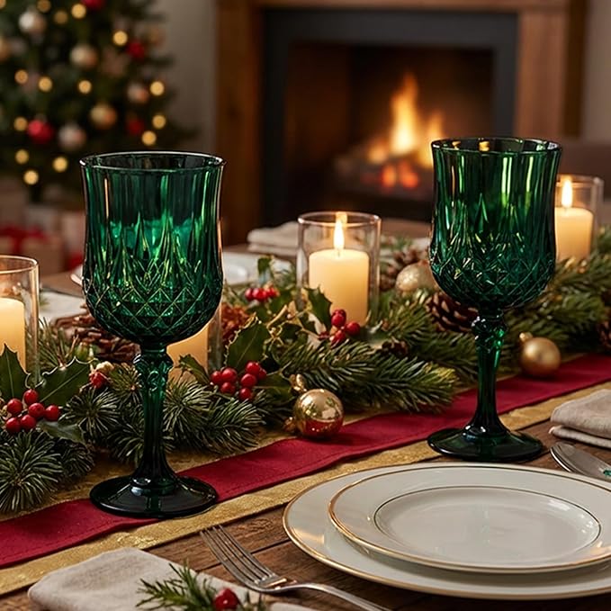 Plastic Wine Glasses, Plastic Goblets Vintage Style Cordial Drinking Glasses for Valentine’s Day, Wedding Reception, Grand Event Party Supplies (24, Green)
