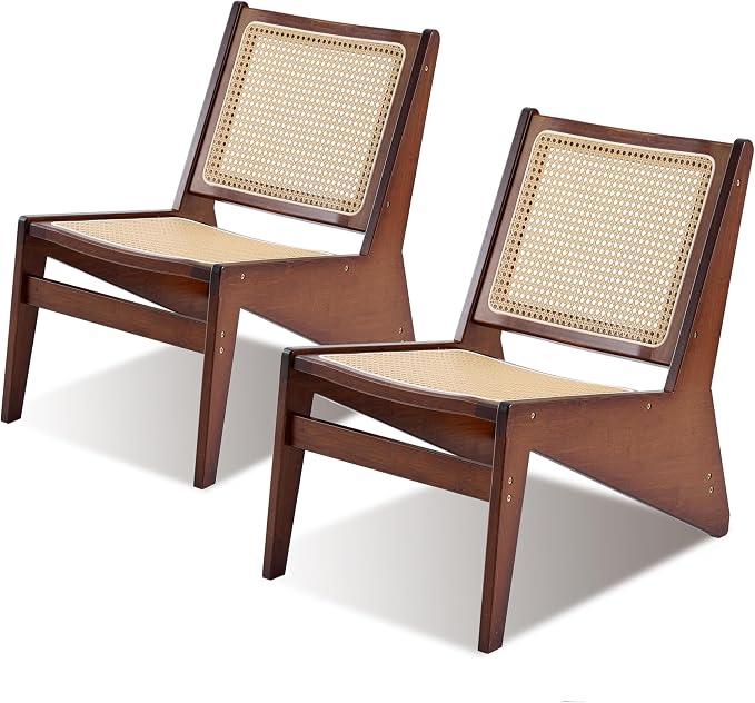 Furlide Rattan Chair 2Pcs, Mid-Century Accent Chair, Rattan Lounge Chair for Living Room, Boho Side Corner Comfy Chair for Bedroom and Balcony, Walnut
