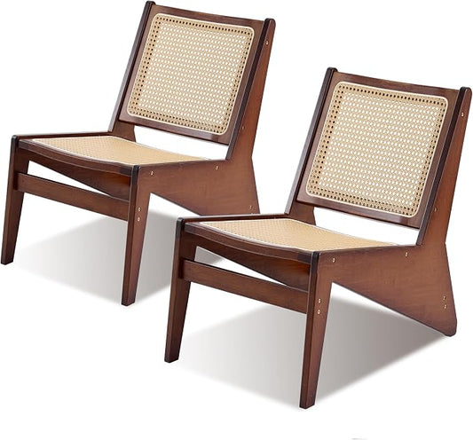 Furlide Rattan Chair 2Pcs, Mid-Century Accent Chair, Rattan Lounge Chair for Living Room, Boho Side Corner Comfy Chair for Bedroom and Balcony, Walnut