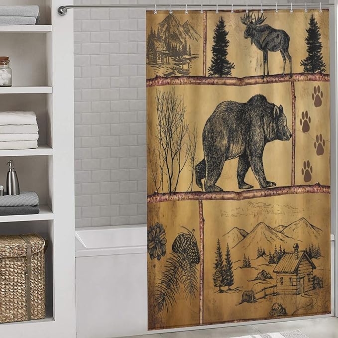 Rustic Cabin Vintage Bear Shower Curtain, Farmhouse Country Antique Bear Moose Forest Vintage Wood Camping Waterproof Shower Curtains for Bathroom Decor 12 Pack Hooks 55x72in（140x183cm）