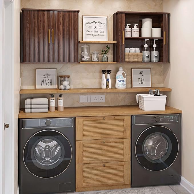 FIMELLO 59" W Laundry Room Cabinets Wall Mounted, Kitchen Wall Cabinet with Sliding Tambour Door, Floating Cabinet for Wall, Upper Cabinets, Hanging Wall Cabinets, Brown Walnut