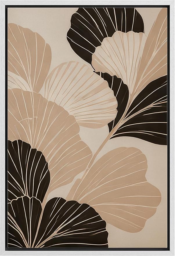Woodrose Framed Canvas Print Wall Art Ginkgo Leaves Monochrome Nature Abstract Illustrations Modern Art Minimalist 3D Colorful Ultra for Living Room, Bedroom, Office - 16"x24" WHITE