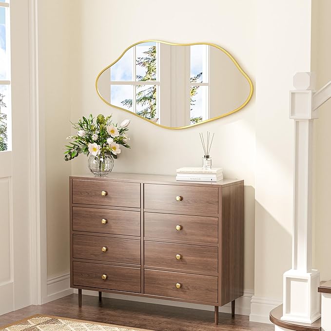 Keonjinn Gold Irregular Mirrors for Wall 48" x 24" Inch, Asymmetrical Metal Frame, Tempered Glass Decorative Mirror for Bathroom, Bedroom, Living Room, Entryway(Horizontal/Vertical)