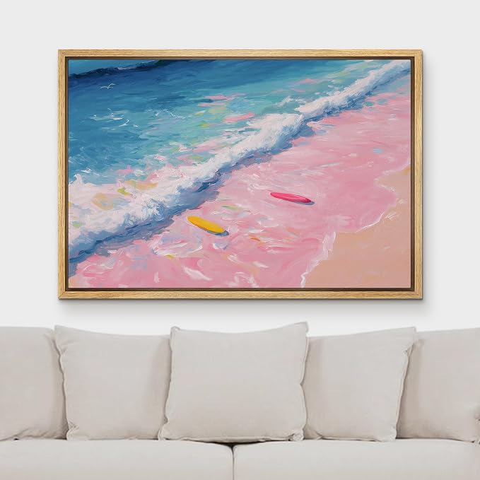 MUDECOR Framed Canvas Print Wall Art Pink Shoreline Waves with Surfboards Coastal Scene Illustrations Minimalism Decorative Bohemian Zen for Living Room, Bedroom, Office - 16"x24" NATURAL