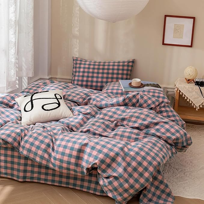 mixinni Plaid Duvet Cover Set Queen Purple - Soft Washed Cotton Modern Geometric Bedding Set with 2 Pillowcases, Pink Blue Gingham Grid Queen Duvet Cover for Men & Women, Soft & Lightweight
