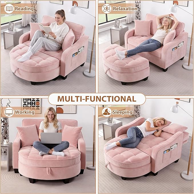 Oversized Curved Chaise Lounge Chair Indoor with Ottoman, 54.8" Cloud Boneless Reading Chair Soft Chenille Circle Couch w/Adjustable Backrest for Living Room, Apartroom, Bedroom, Pink