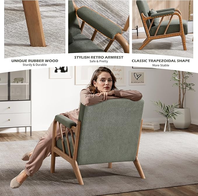 INZOY Mid Century Modern Accent Chair with Wood Frame, Upholstered Reading Armchair with Soft Corduroy Fabric, Accent Chair for Living Room Bedroom Apartment, Easy Assembly, Green