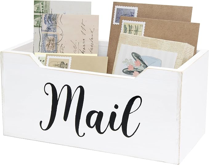 Elegant Designs HG2010-WMB Rustic Farmhouse Wooden Tabletop Black Script Word Mail Organizer Box, Letter Holder Office Accessories Decor, White Wash