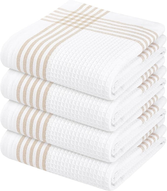 Waffle White & Beige Kitchen Dish Towels 4 Pack, 100% Cotton, 16x26 inches, Durable Dish Cloths Set, Quick Dry Kitchen Rags, Everyday Use Cooking and Cleaning Hand Towels, Bar Towel
