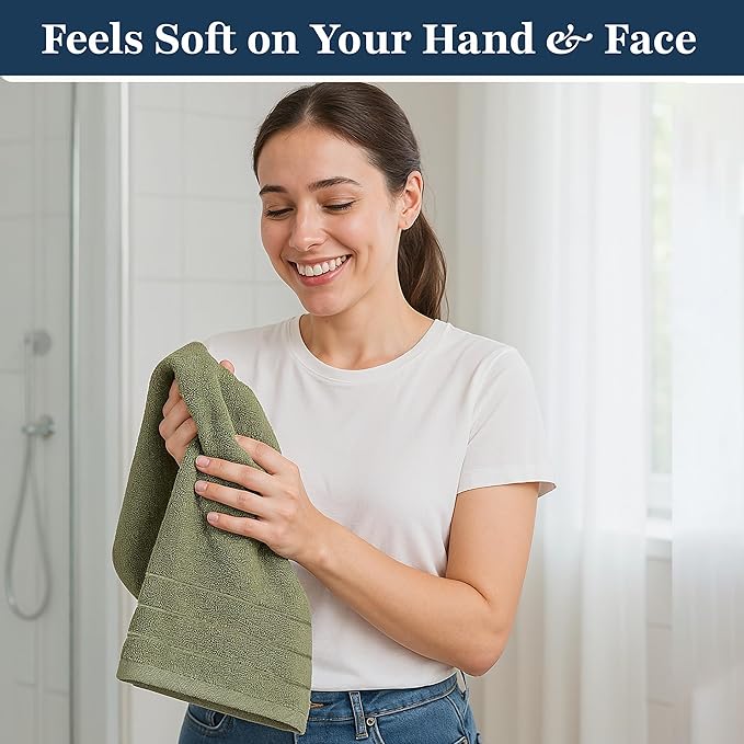 LANE LINEN 4 PCs Hand Towel Set for Bathroom (16"x28") - 100% Ringspun Cotton Hand Towel Set - Quick Dry, Ultra Soft & Absorbent, Durable Large Hand Towels - Tumble Dry Regains Fluffiness - Oil Green
