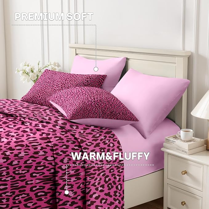 5Pcs Comforter Set Twin Size, Pink Leopard Cheetah Print, Bedding Decor Wildlife Animal Skin Bedroom Bed Set Flat Sheet Fitted Sheet Pillowcases Shams for Kids Adults