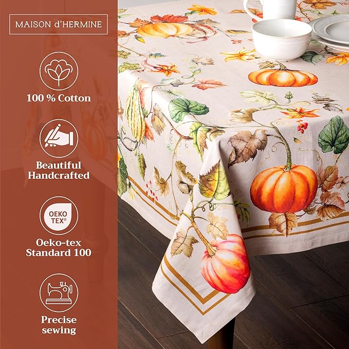 Maison d' Hermine Table Cloth Rectangle Table 100% Cotton 70 x 120 Inches Fall Tablecloth Reusable Everyday Use for Thanksgiving Christmas Decorations Dining Farmhouse Party (Potiron)