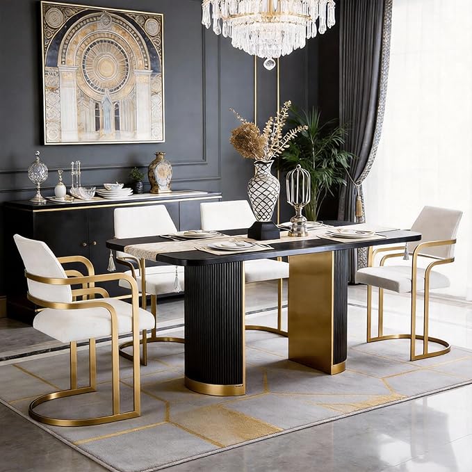 AUZ 70" Farmhouse Dining Table for 4-6, Black Oak Wood Rustic Kitchen Table with Fluted Base and Brushed Gold Accents, Large Rectangular Vintage Style Table (Black & Gold)