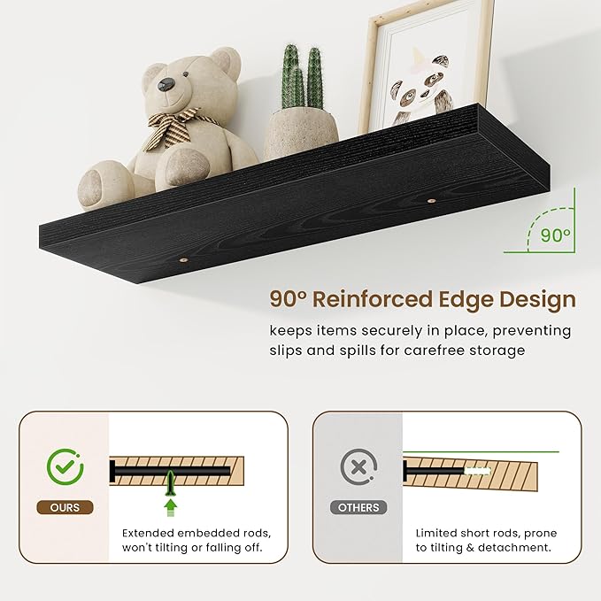 32in Floating Shelves for Wall, 32"W x 9.25"D x 1.25"H, 2 Pack Long Wall Mounted Engineered Wood Shelves with Invisible Brackets for Living Room, Bedroom, Bathroom, Kitchen Decor and Storage, Black