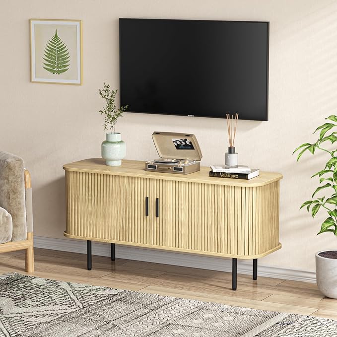 47''W Storage Cabinet, Fluted Sideboard Buffet Cabinet with Storage, Console Table Credenza with Tambour Slatted Sliding Doors and Shelves, TV Stand for Living Room, Kitchen, Entryway, Natural