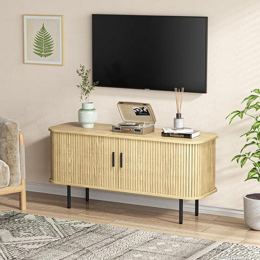 47''W Storage Cabinet, Fluted Sideboard Buffet Cabinet with Storage, Console Table Credenza with Tambour Slatted Sliding Doors and Shelves, TV Stand for Living Room, Kitchen, Entryway, Natural