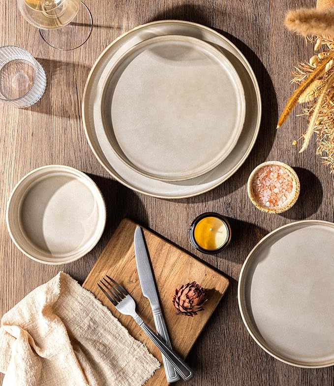 GBHOME 18-Piece Stoneware Dinnerware Set for 6 – Ribbed Ceramic Plates and Bowls, Scratch-Resistant, Microwave & Dishwasher Safe, Reactive Glaze, Cappuccino