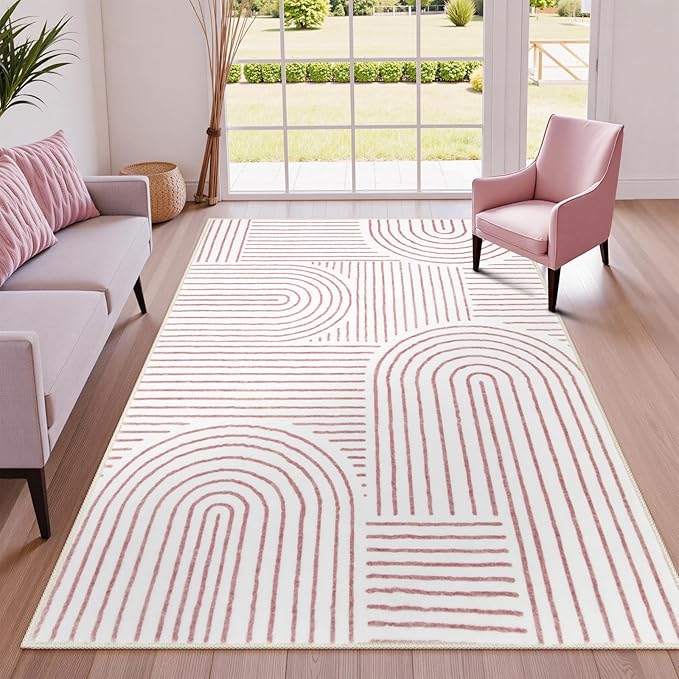 Lahome Abstract Washable Area Rugs 5x7, Soft Pink Rugs for Living Room Ultra-Thin Non-Shedding Bedroom Rug, Modern Throw Rug Large Carpet for Dining Room Office Darrell (5'x7',Pink/White)