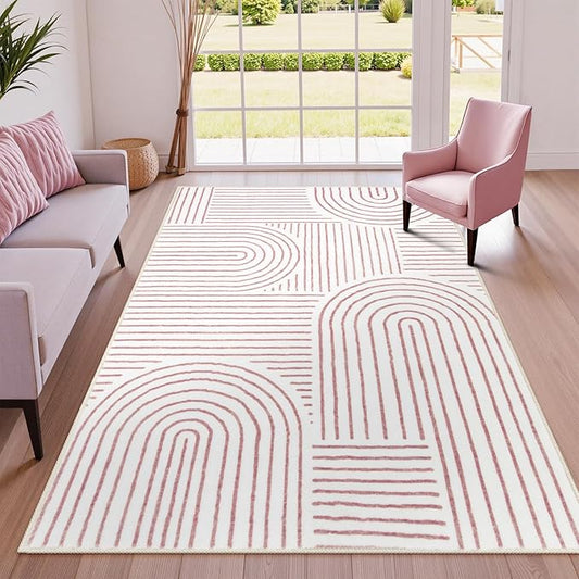 Lahome Abstract Washable Area Rugs 5x7, Soft Pink Rugs for Living Room Ultra-Thin Non-Shedding Bedroom Rug, Modern Throw Rug Large Carpet for Dining Room Office Darrell (5'x7',Pink/White)