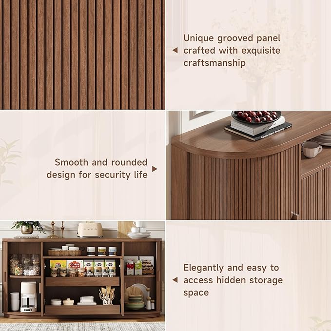 63" Sideboard Buffet Cabinet with Storage, Modern Fluted Accent Credenza with Sliding Doors, Drawers and Adjustable Shelves, Wood Coffee Bar Console Table for Kitchen, Living Room, Enrtyway (Walnut)