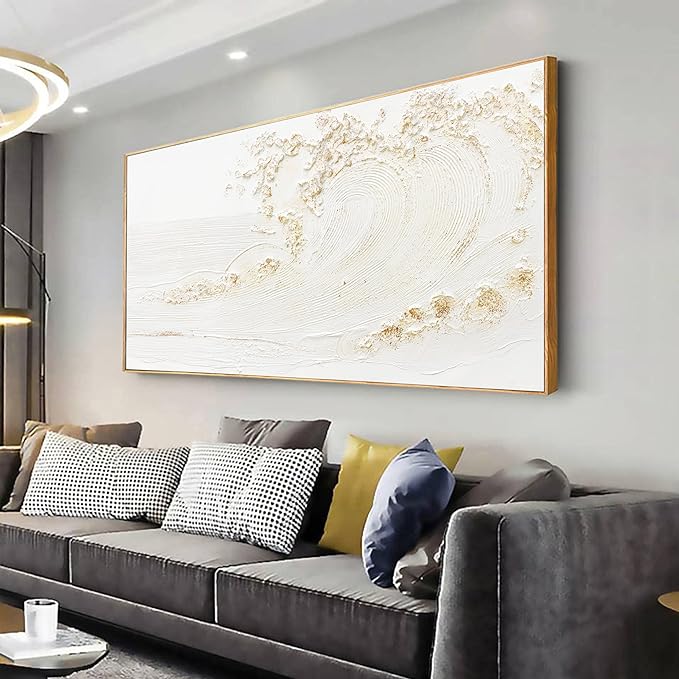Canvas Wall Art Decor Bedroom Hand Painted White Wave With Golden Embellishments Pictures Decoration Artwork Wall Art Large Modern Painting Pictures For Living Room Home Kitchen Office 29"x58" Inch With Framed