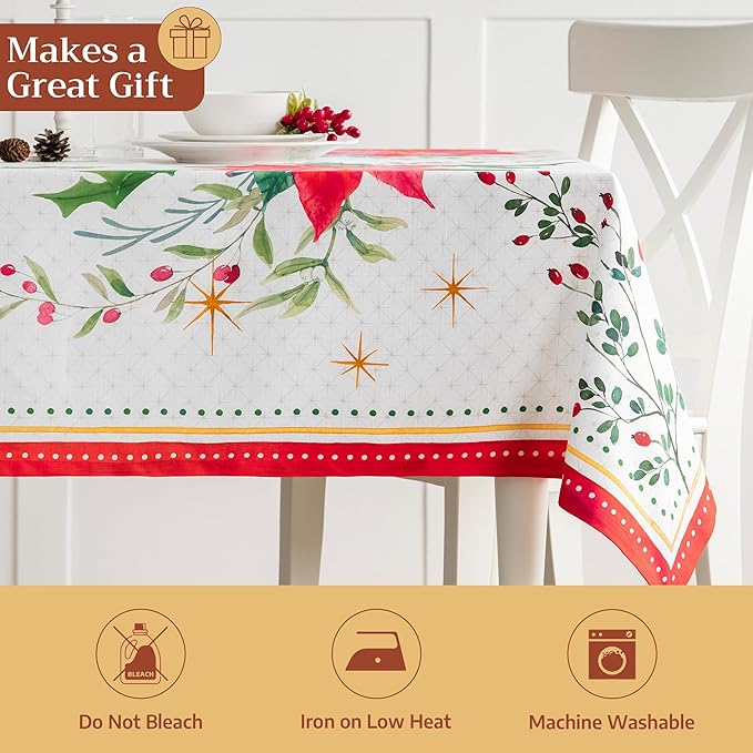 Maison d' Hermine Table Cloth Rectangle Table 100% Cotton 60 x 108 Inches Fall Tablecloth Reusable Everyday Use for Thanksgiving Christmas Decorations Dining Farmhouse Party (Poinsettia Christmas)