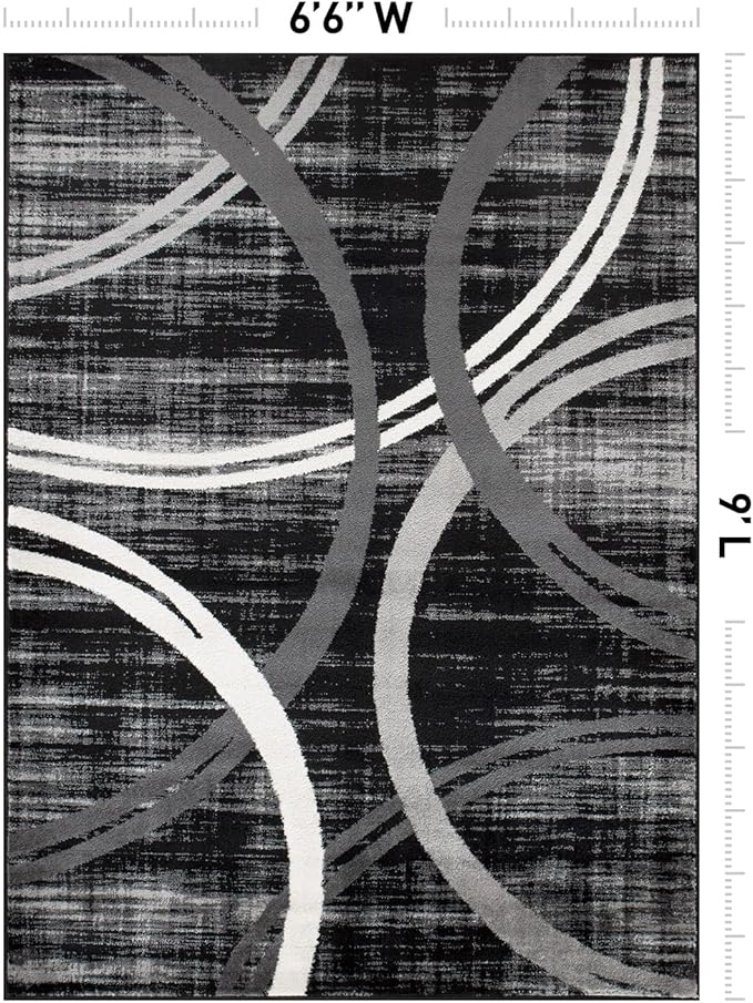 Rugshop Modern Wavy Circles Design Area Rug, Fade-Resistant Carpet for Living Room, Bedroom, or Dining Room, Black, 6'6" x 9'