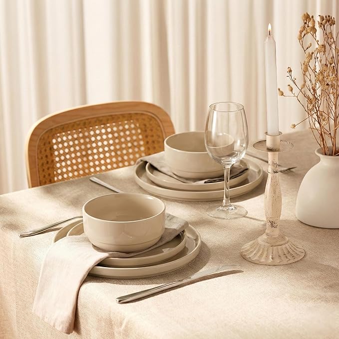 Vase and Vessel Ceramic Dinnerware Set, 12-Piece Service for 4, Soup Bowls (25 oz), Salad Plates (7.5"), Dinner Plates (10"), Round, Microwave and Dishwasher Safe, Sand, Cambridge Classics