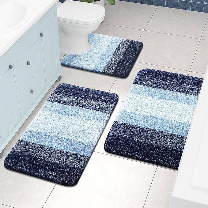 Arotive Microfiber Bathroom Rugs, Shaggy Soft and Absorbent Contour Toilet Rugs, Non-Slip, Thick Plush Machine Washable Dry Bath Mats for Toilet Base, 24x20, Blue, U-Shape